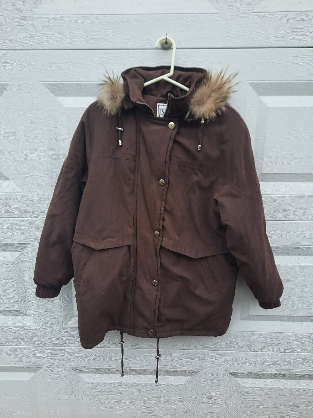 Bernardo Women’s Brown Hooded Winter Parka Raccoon Fur Trim Size L